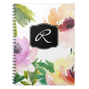 Pastel Watercolor Blommigt Monogrammed Anteckningsbok