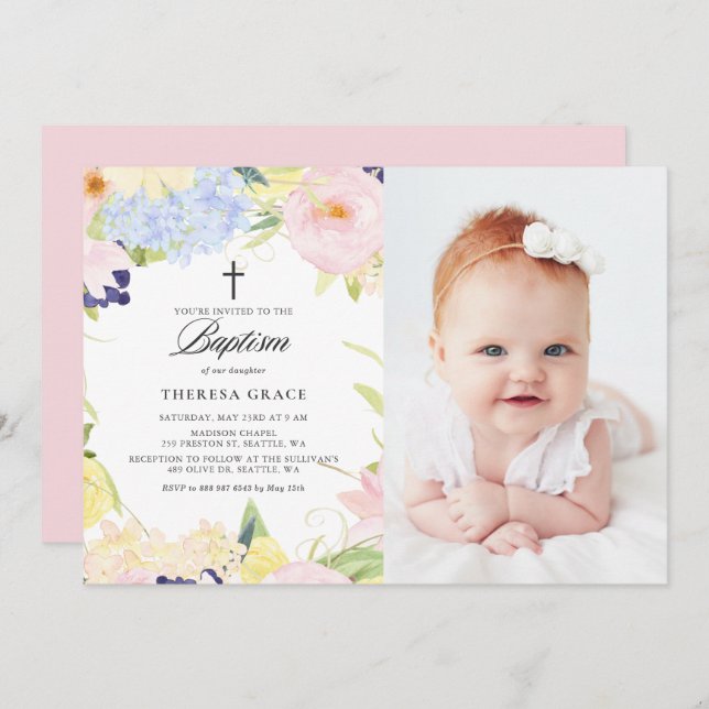 Pastel Watercolor Blommigt Ram Photo Baptism Inbjudningar (Fram/baksida)