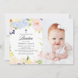 Pastel Watercolor Blommigt Ram Photo Bautizo Inbjudningar