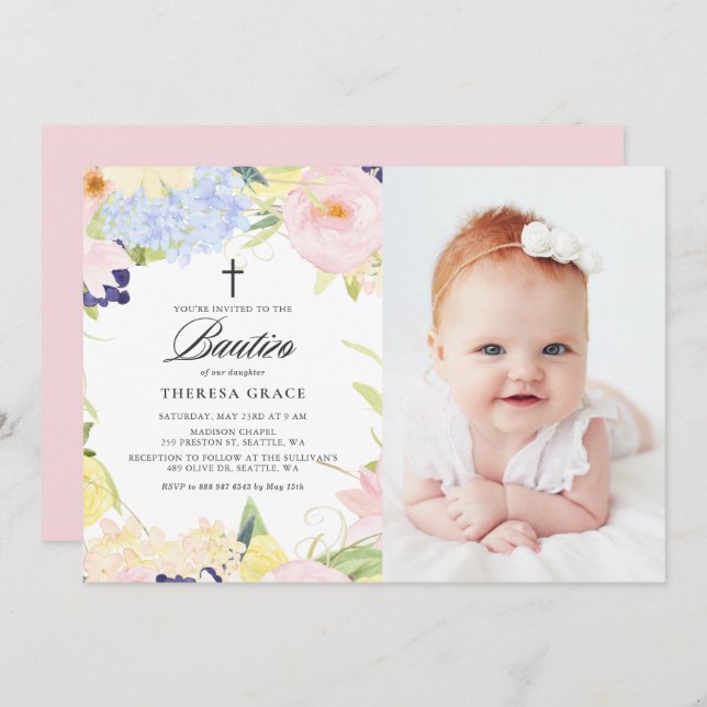 Pastel Watercolor Blommigt Ram Photo Bautizo Inbjudningar (Fram/baksida)