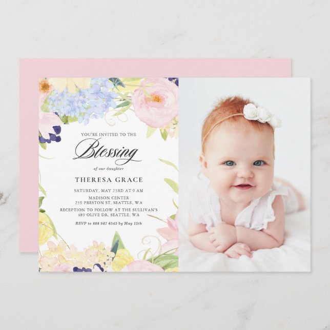 Pastel Watercolor Blommigt Ram Photo Bling Inbjudningar (Fram/baksida)