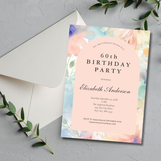 Pastel Watercolor Blommigt Rosa Modern 60:e födels Inbjudningar (Pastel Watercolor Floral Pink 60th Birthday invitation for her. Can be used for other ages also.)