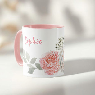 Pastel Watercolor-blommor, namn, delikat Mugg