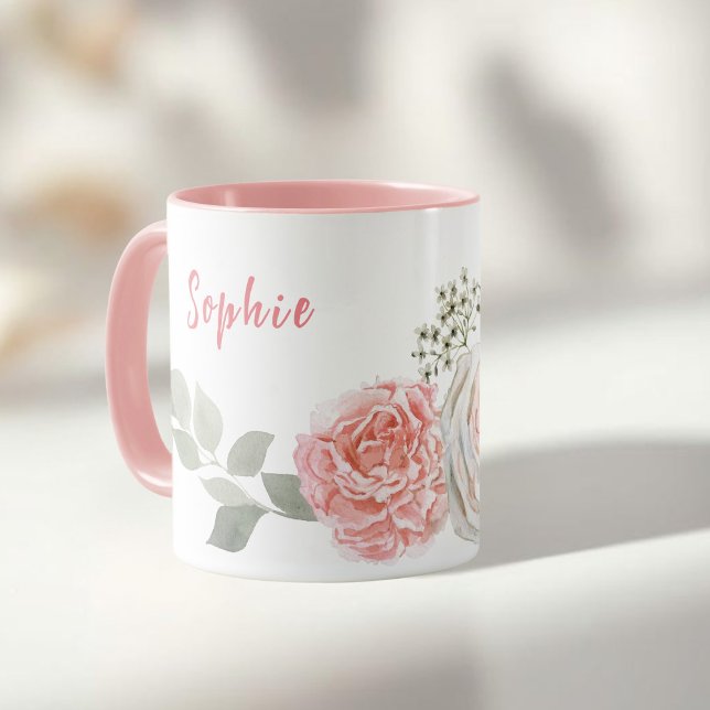 Pastel Watercolor-blommor, namn, delikat Mugg (Personal name Delicate Pastel Watercolor flowers Mug)