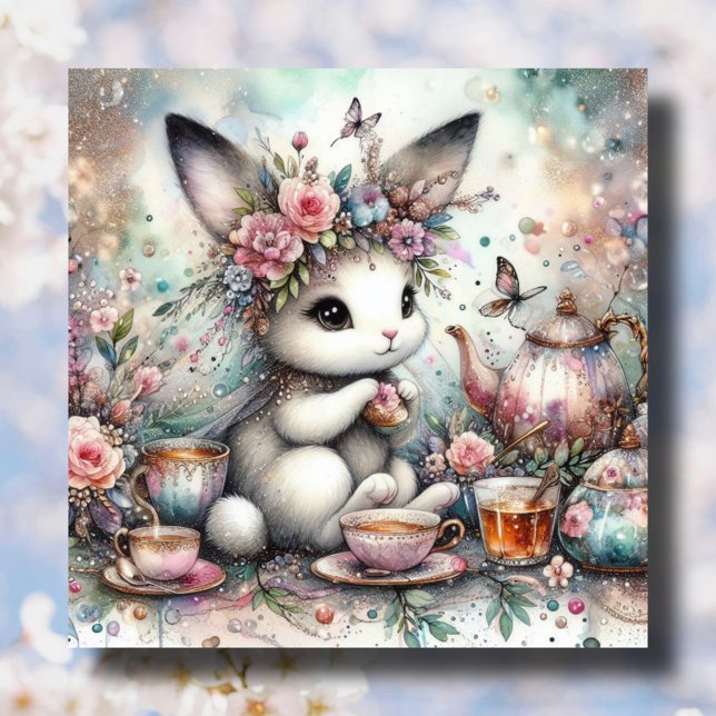 Pastel Watercolor Bunny Påsk Tea Party Julkort (Skapare uppladdad)