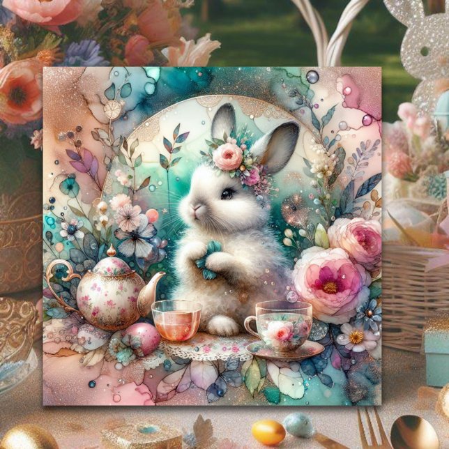 Pastel Watercolor Bunny Tea Påsk Julkort (Skapare uppladdad)
