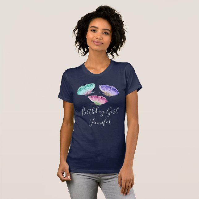 Pastel Watercolor Butterflies Birthday Girl T Shirt (Hel framsida)