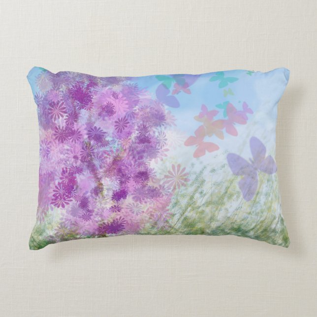 Pastel Watercolor Butterfly Blommigt Prydnadskudde (Framsidan)