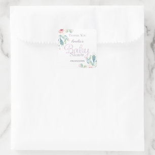Pastel Watercolor Cactus Rosa Baby Shower Fyrkantigt Klistermärke