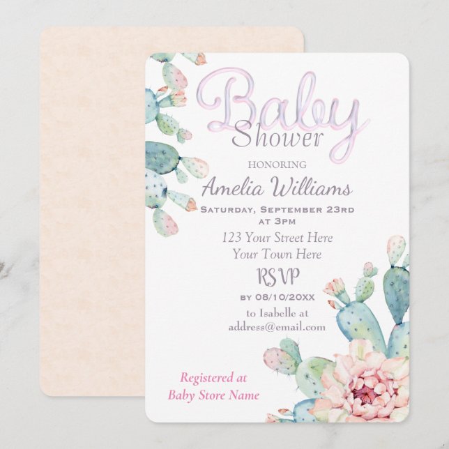 Pastel Watercolor Cactus Rosa Baby Shower Inbjudningar (Fram/baksida)