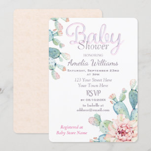 Pastel Watercolor Cactus Rosa Baby Shower Inbjudningar