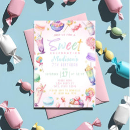 Pastel Watercolor Candy Land Födelsedagsfest Tema Inbjudningar