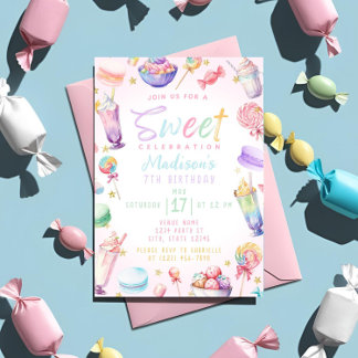 Pastel Watercolor Candy Land Födelsedagsfest Tema Inbjudningar