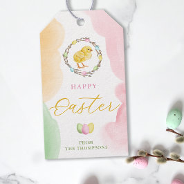 Pastel Watercolor Chick And Willow Wreath Easter Presentetikett