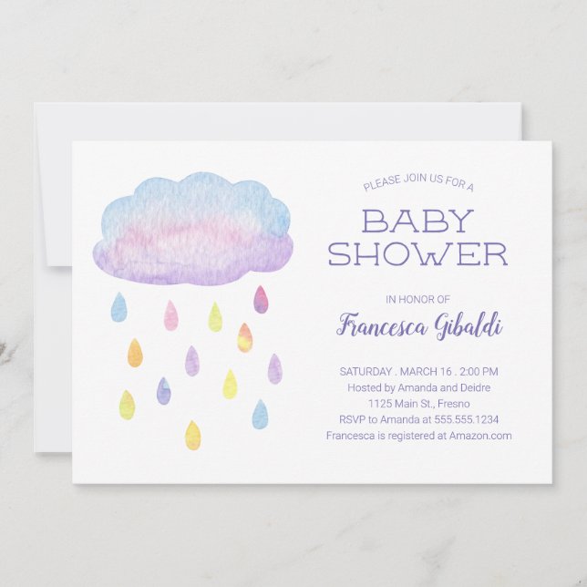 Pastel Watercolor Cloud Raindrows Baby Shower Inbjudningar (Framsida)
