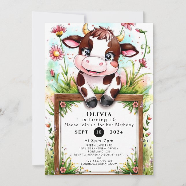 Pastel Watercolor Cow Birthday Inbjudningar (Framsida)
