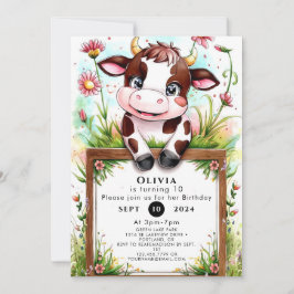 Pastel Watercolor Cow Birthday Inbjudningar