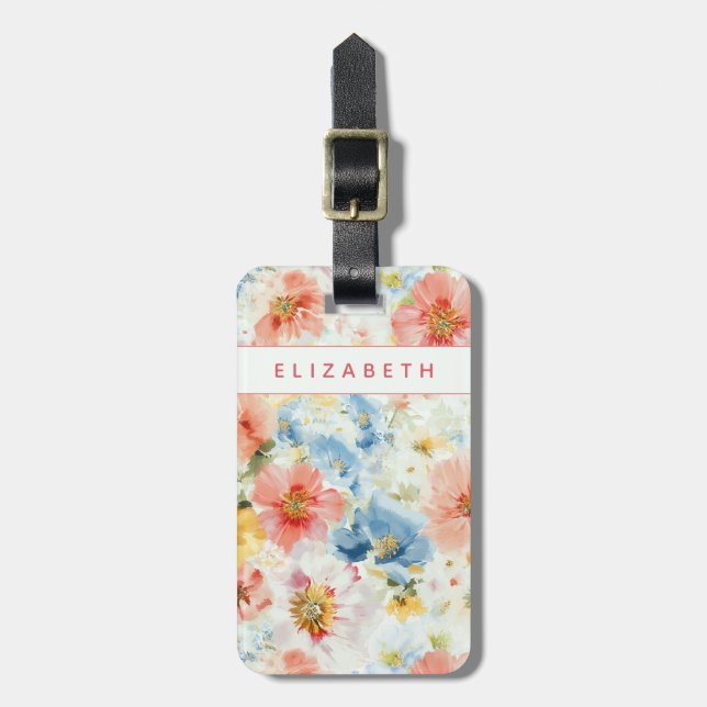 Pastel Watercolor Floral Custom Name Travel ID Bagagebricka (Vertikal Framsida)