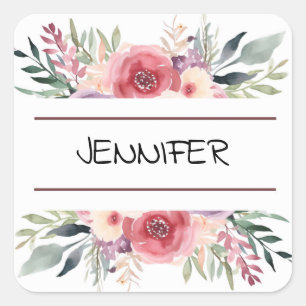 Pastel Watercolor Flower Blommigt Gräns Namn Fyrkantigt Klistermärke