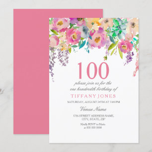 Pastel Watercolor Flowers 100:e Födelsedagsfesten Inbjudningar