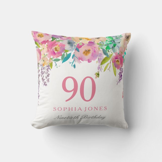 Pastel Watercolor Flowers 90:e Birthday Gift Kudde (Framsida)