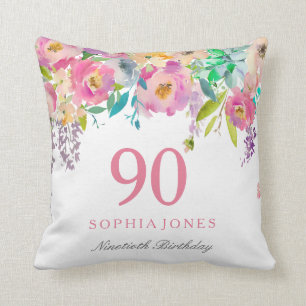 Pastel Watercolor Flowers 90:e Birthday Gift Kudde