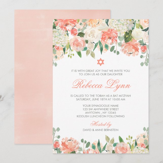 Pastel Watercolor Flowers Bat mitzvah inbjudningar (Fram/baksida)