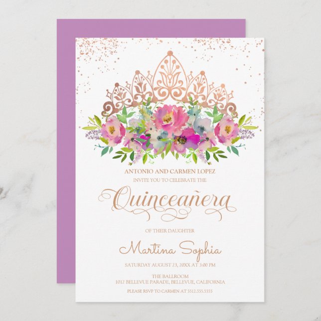 Pastel Watercolor Flowers Quinceanera Inbjudningar (Fram/baksida)
