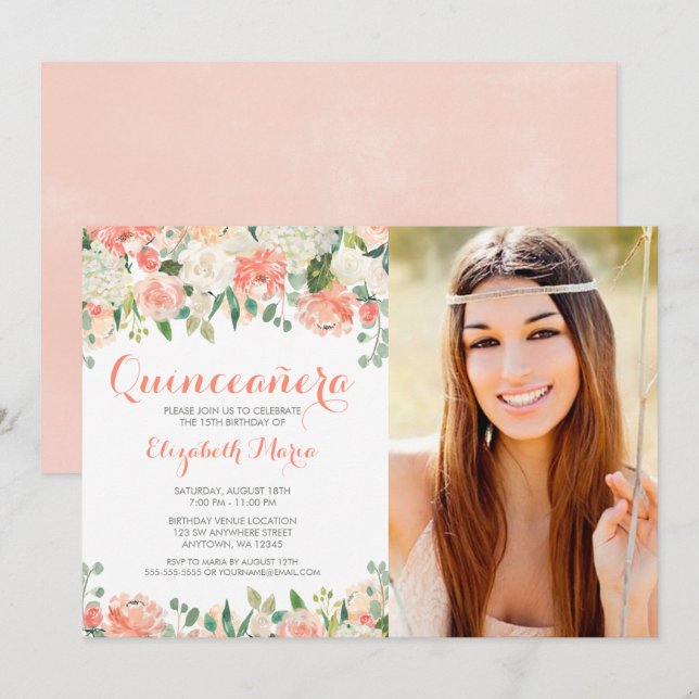 Pastel Watercolor Flowers Quinceañera Photo Inbjudningar (Fram/baksida)
