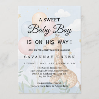 Pastel Watercolor Giraffe Baby Boy Invite Inbjudningar