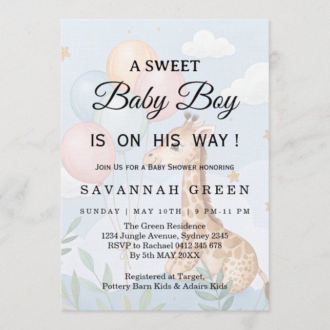 Pastel Watercolor Giraffe Baby Boy Invite Inbjudningar (Framsida)