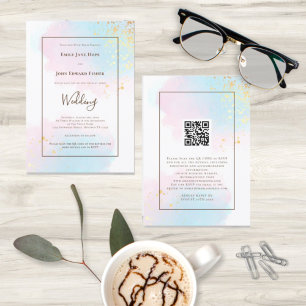 Pastel Watercolor Guld Stänk QR Code Bröllop Inbjudningar