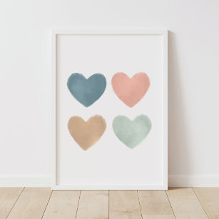 Pastel Watercolor Hearts Nursery Poster