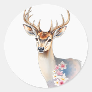 Pastel Watercolor-Hjort med Flora Runt Klistermärke