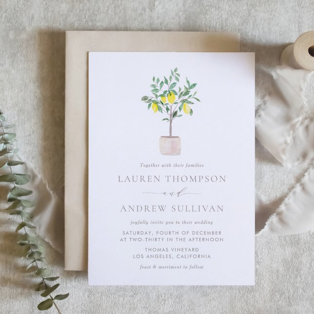 Pastel Watercolor Lemon Träd, sommartid Bröllop Inbjudningar (Pastel Watercolor Lemon Tree Summer Wedding Invitation)