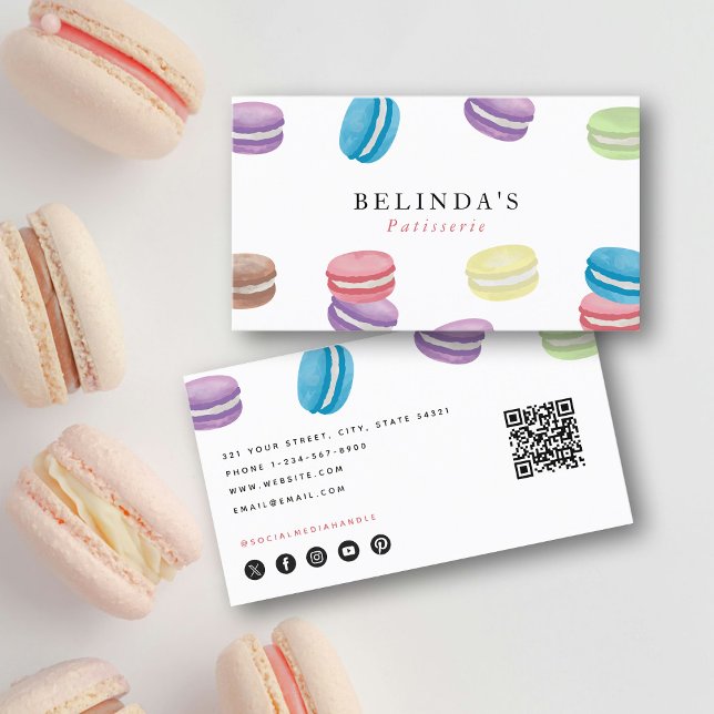 Pastel Watercolor Macarons Pastry Chef QR-kod Visitkort (Pastel Watercolor Macarons Pastry Chef QR Code Business Card)