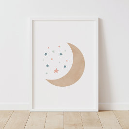 Pastel Watercolor Måne och Stars Nursery Poster