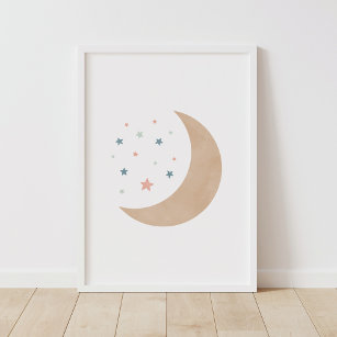 Pastel Watercolor Måne och Stars Nursery Poster