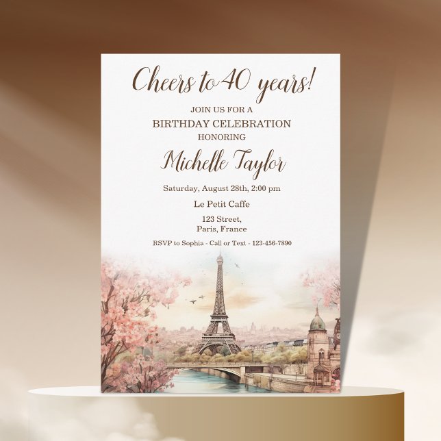 Pastel Watercolor Paris Eiffel Torn 40. Födelsedag Inbjudningar (paris watercolor blush pink flowers spring
)