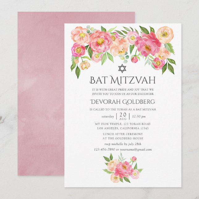 Pastel Watercolor Peonies Bat mitzvah Inbjudningar (Fram/baksida)