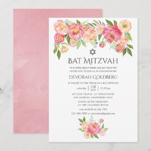 Pastel Watercolor Peonies Bat mitzvah Inbjudningar