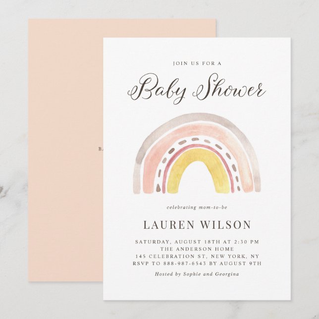 Pastel Watercolor Rainbow Baby Shower Inbjudningar (Fram/baksida)