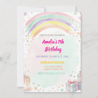 Pastel Watercolor Rainbow Birthday Inbjudningar