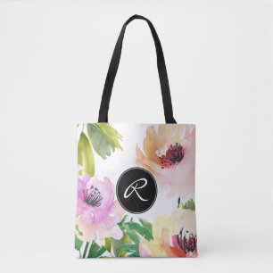 Pastel Watercolor Ro Blommigt med Monogram Tygkasse