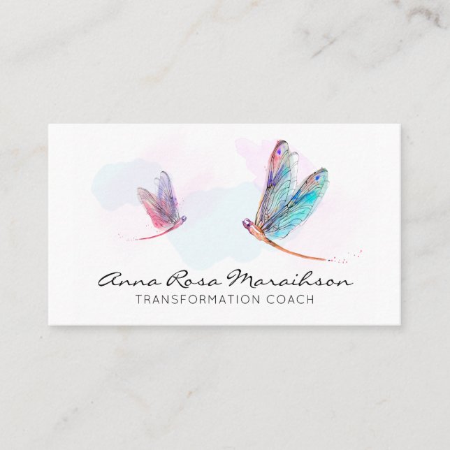 *~* Pastel Watercolor Rosa Blue Dragonfly Visitkort (Framsida)