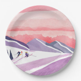 Pastel Watercolor Ski Mountain Sunset