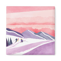 Pastel Watercolor Ski Mountain Sunset