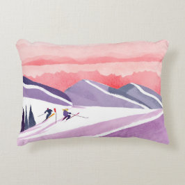 Pastel Watercolor Ski Mountain Sunset Prydnadskudde