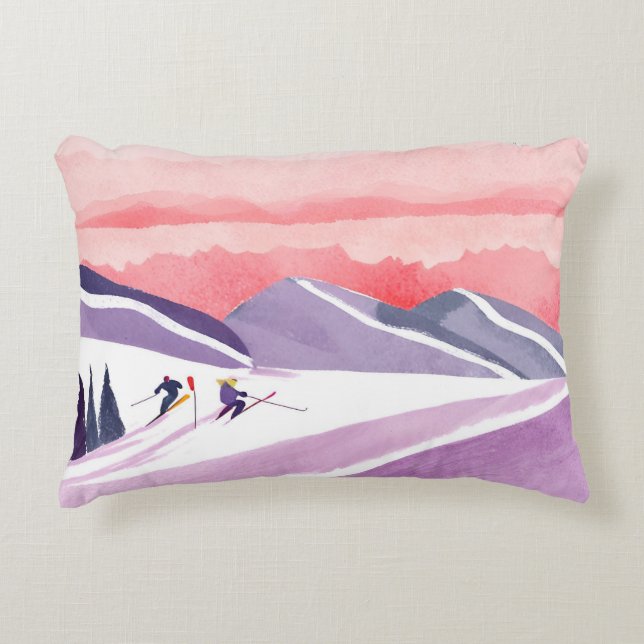 Pastel Watercolor Ski Mountain Sunset Prydnadskudde (Framsidan)