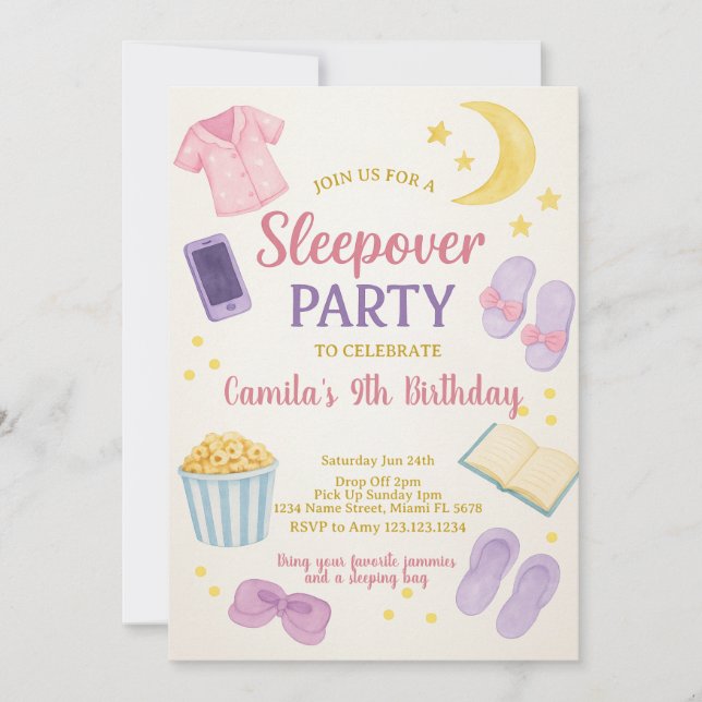 Pastel Watercolor Sleepover Birthday-inbjudan Inbjudningar (Framsida)